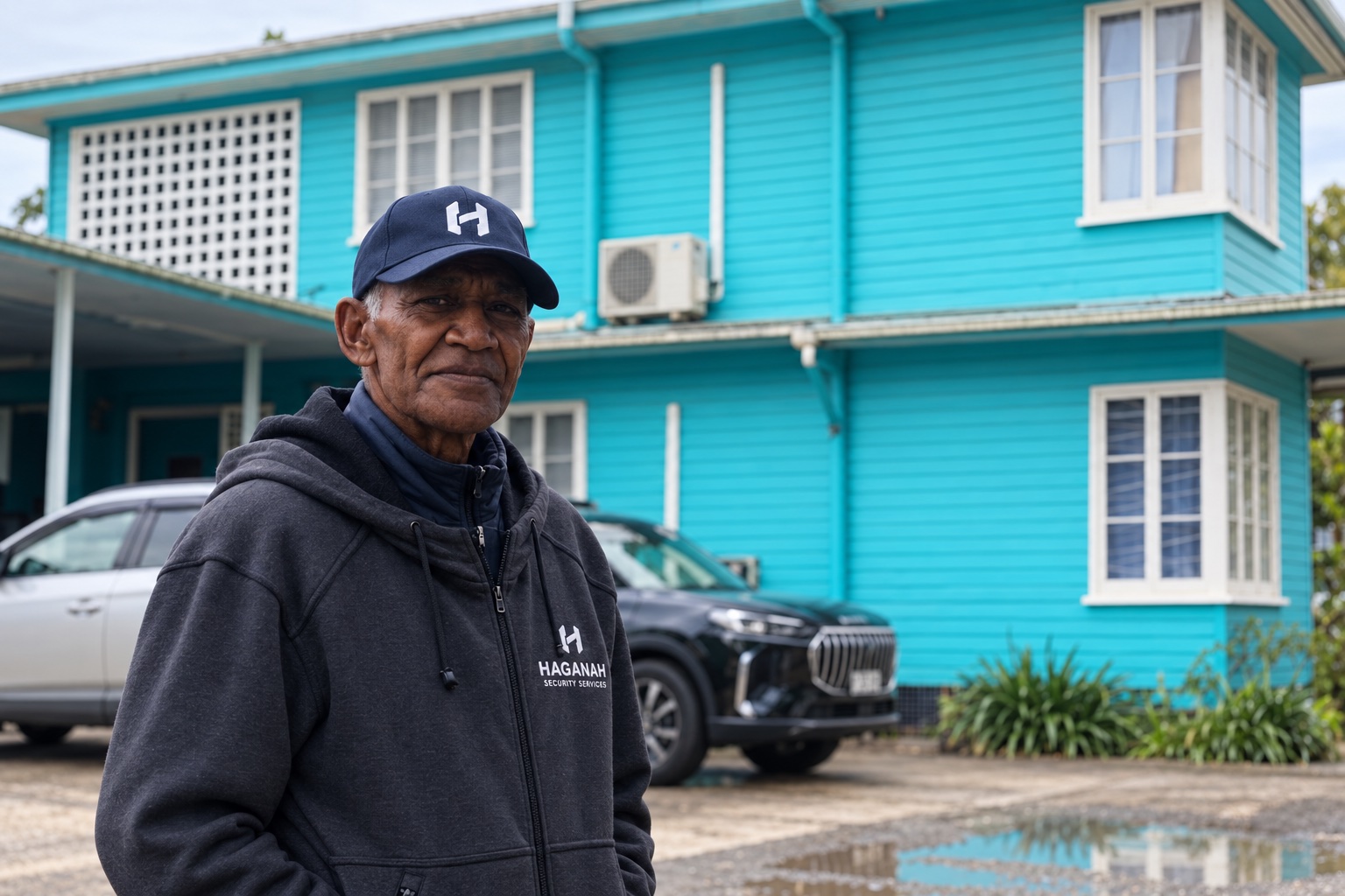 Team member outside a turquoise building in Fiji